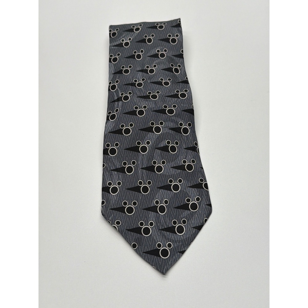 The Disney Store Mens Silk Mickey Mouse Geometric Necktie Grey Black